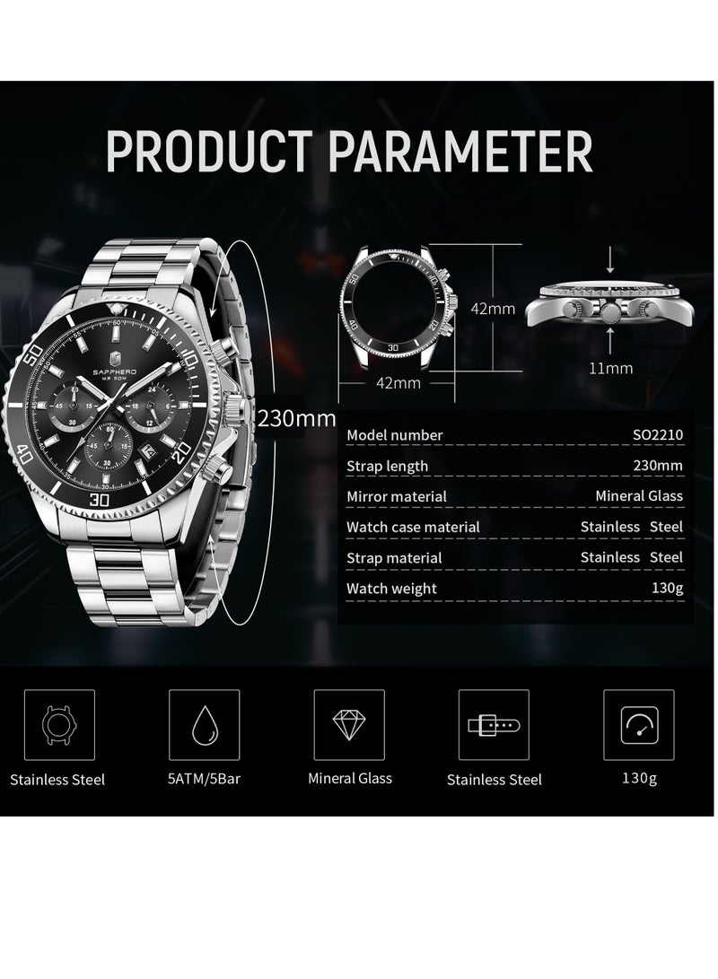 SAPPHERO Mens Watches Analog Quartz Chronograph Stainless Steel Watches for Men 50M Waterproof Men's Wrist Watches with Calendar Luxury Business Work Casual Watch Elegant Gifts for Men - Image 4