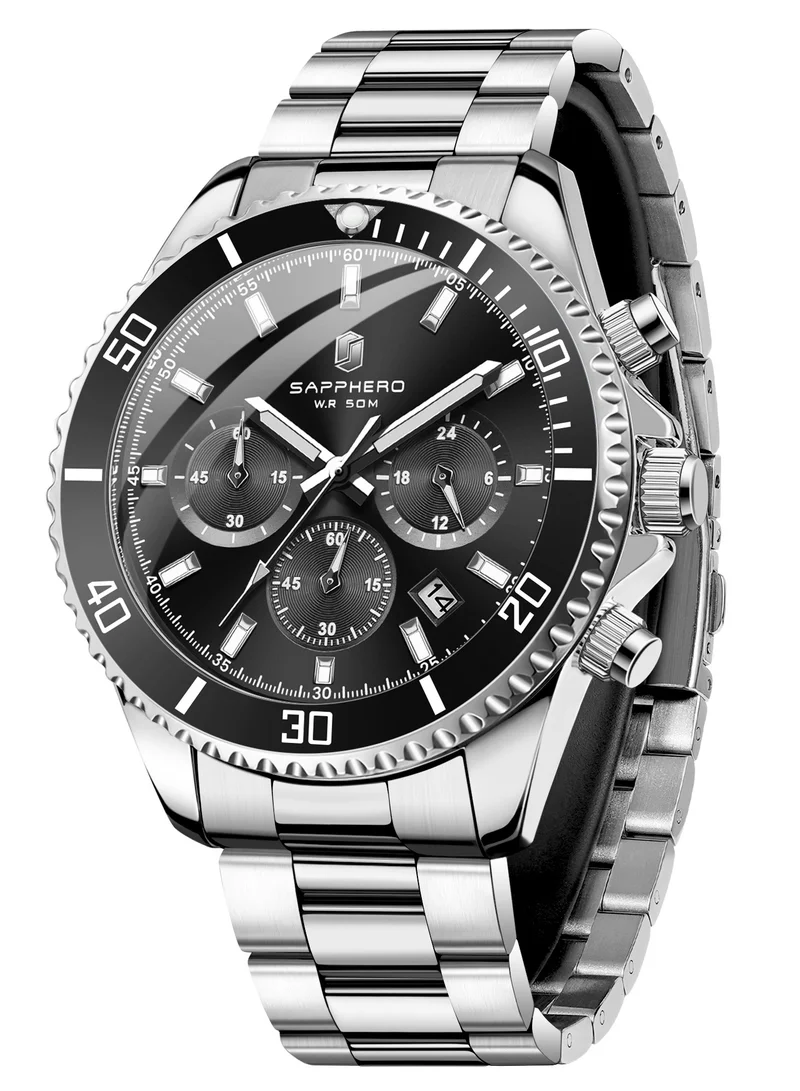 Sapphero  SAPPHERO Mens Watches Analog Quartz Chronograph Stainless Steel Watches for Men 50M Waterproof Men's Wrist Watches with Calendar Luxury Business Work Casual Watch Elegant Gifts for Men for Men | Best Price UAE