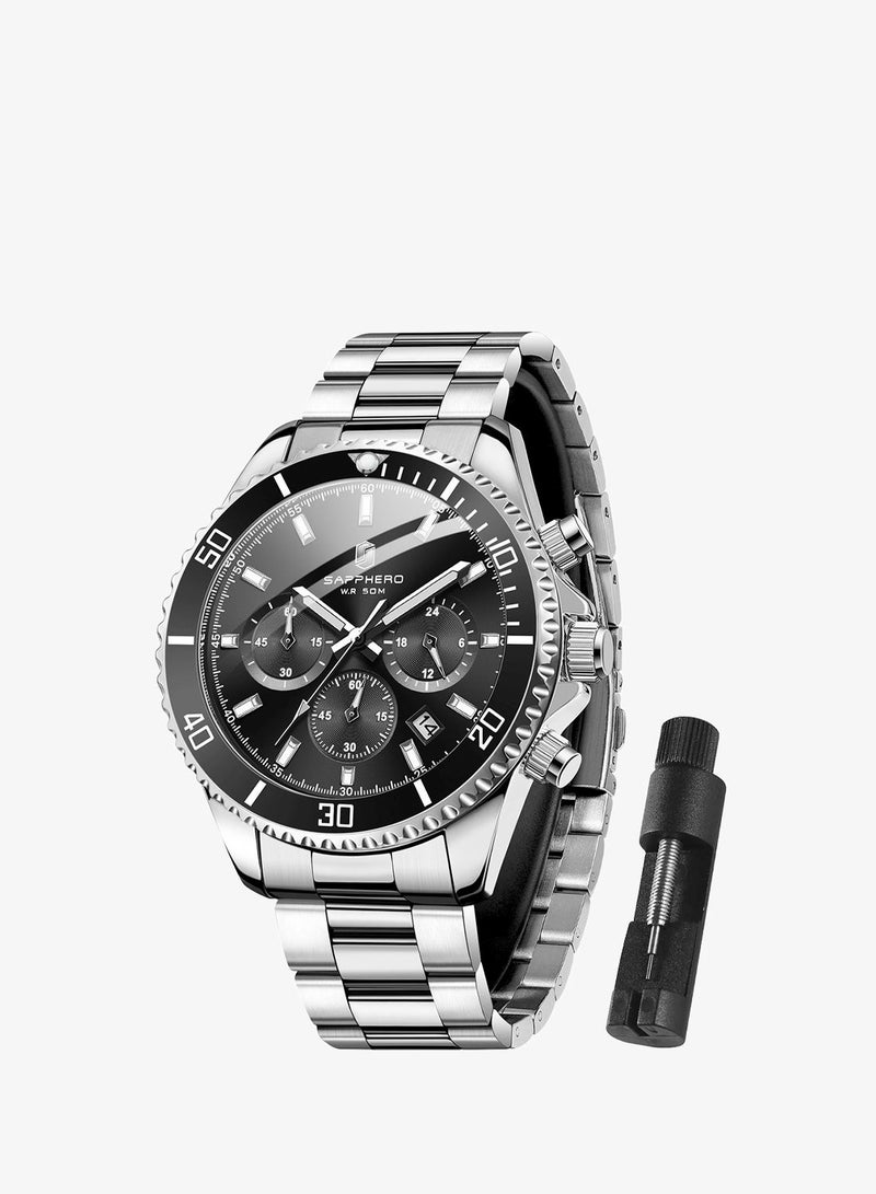 SAPPHERO Mens Watches Analog Quartz Chronograph Stainless Steel Watches for Men 50M Waterproof Men's Wrist Watches with Calendar Luxury Business Work Casual Watch Elegant Gifts for Men - Image 1