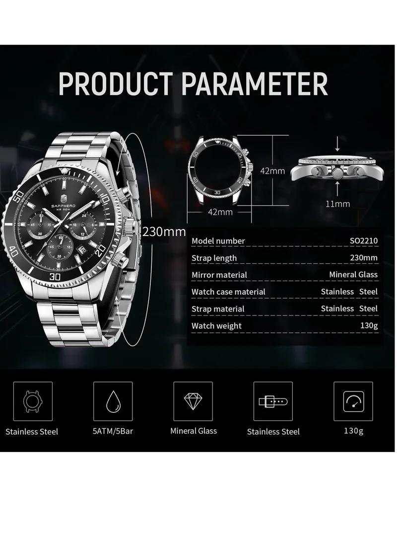 Sapphero 200 g SAPPHERO Mens Watches Analog Quartz Chronograph Stainless Steel Watches for Men 50M Waterproof Men's Wrist Watches with Calendar Luxury Business Work Casual Watch Elegant Gifts for Men for Men | Best Price UAE