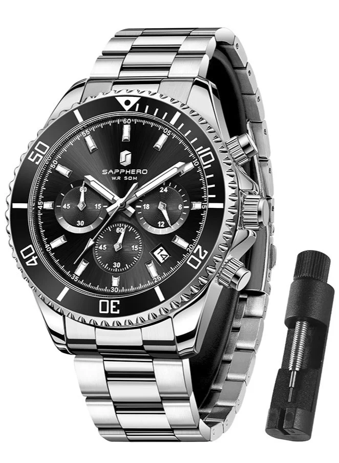 Sapphero SAPPHERO Mens Watches Analog Quartz Chronograph Stainless Steel Watches for Men 50M Waterproof Men's Wrist Watches with Calendar Luxury Business Work Casual Watch Elegant Gifts for Men