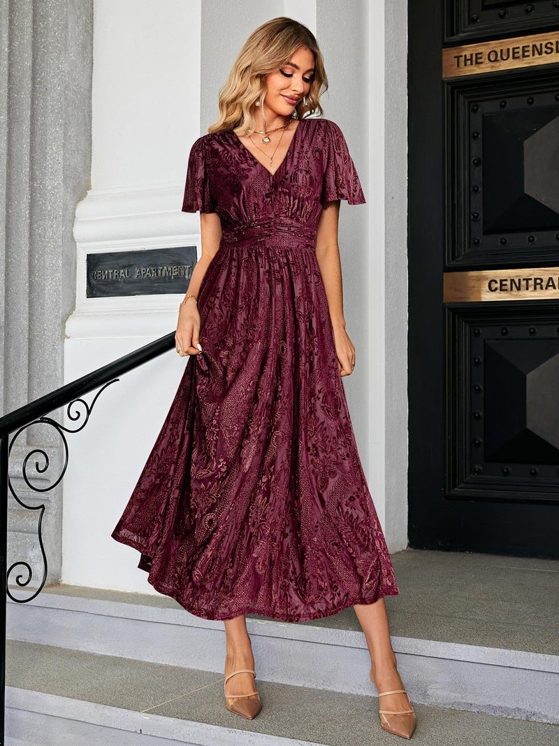 Simplee Apparel Simplee Women's Semi Formal Wedding Guest Velvet Maxi Dress Burnout Floral Empire Waist V Neck Short Sleeve Long Dress (Burgundy Floral M) - Image 2