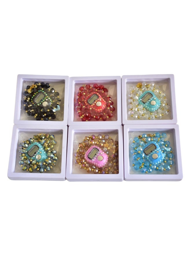 6 Multicolour Sets Digital Diamond Tally Counter and 33 count Crystal Tasbeeh Set Islamic Dhikr 9x9x2cm Gift Box - Image 1