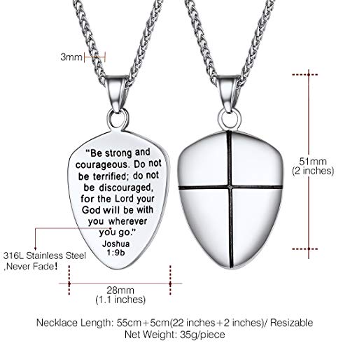 U7 Shield of Faith Pendant Chain 22 Inch Stainless Steel Joshua 1:9 Cross Amulet Necklace - Image 5