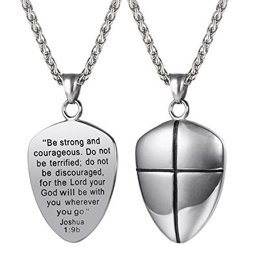 U7 Shield of Faith Pendant Chain 22 Inch Stainless Steel Joshua 1:9 Cross Amulet Necklace - Image 1