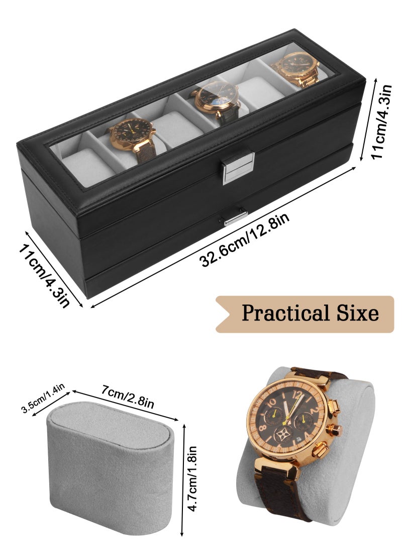 URbazaar Watch Box for Men, 6 Slot Watch Display Case with Drawer, Mens Watch Case With Glass Lid, 2-Layer Jewelry and Watch Storage Watch Holder Organizer for Men Women -6 Slot, Black/Gray - Image 2