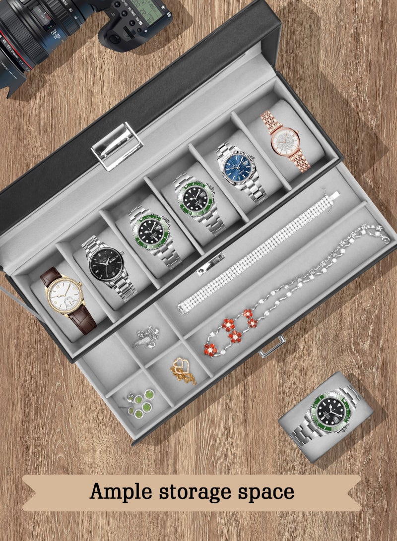 URbazaar Watch Box for Men, 6 Slot Watch Display Case with Drawer, Mens Watch Case With Glass Lid, 2-Layer Jewelry and Watch Storage Watch Holder Organizer for Men Women -6 Slot, Black/Gray - Image 3
