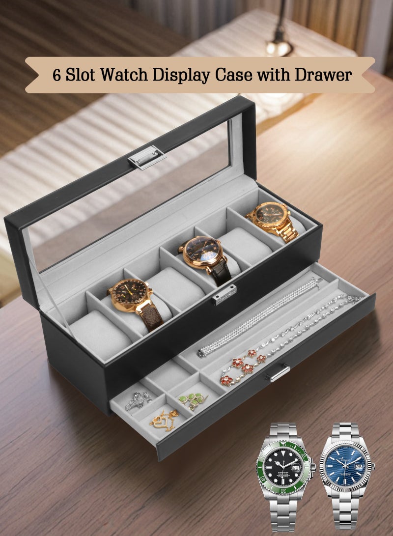 URbazaar Watch Box for Men, 6 Slot Watch Display Case with Drawer, Mens Watch Case With Glass Lid, 2-Layer Jewelry and Watch Storage Watch Holder Organizer for Men Women -6 Slot, Black/Gray - Image 4