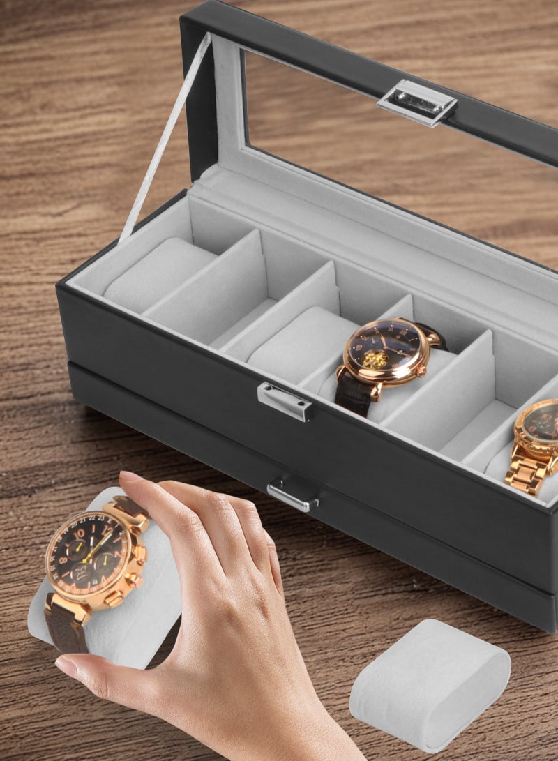 URbazaar Watch Box for Men, 6 Slot Watch Display Case with Drawer, Mens Watch Case With Glass Lid, 2-Layer Jewelry and Watch Storage Watch Holder Organizer for Men Women -6 Slot, Black/Gray - Image 5