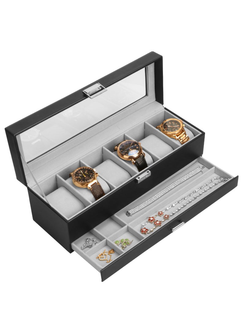 URbazaar Watch Box for Men, 6 Slot Watch Display Case with Drawer, Mens Watch Case With Glass Lid, 2-Layer Jewelry and Watch Storage Watch Holder Organizer for Men Women -6 Slot, Black/Gray - Image 1