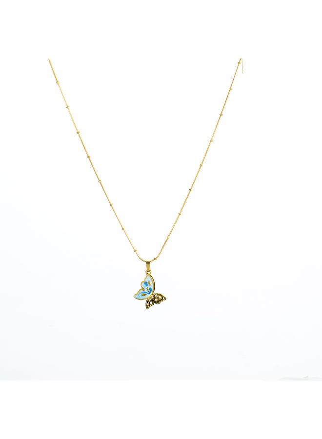 Golden Blue Zirconic Stainless Steel Butterfly Pendant Necklace
