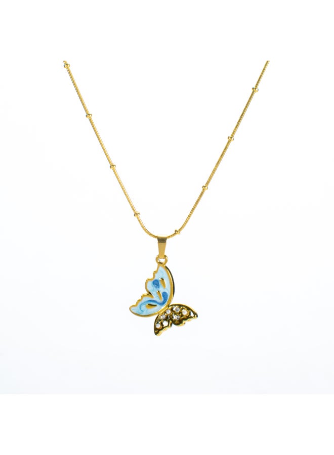 Golden Blue Zirconic Stainless Steel Butterfly Pendant Necklace