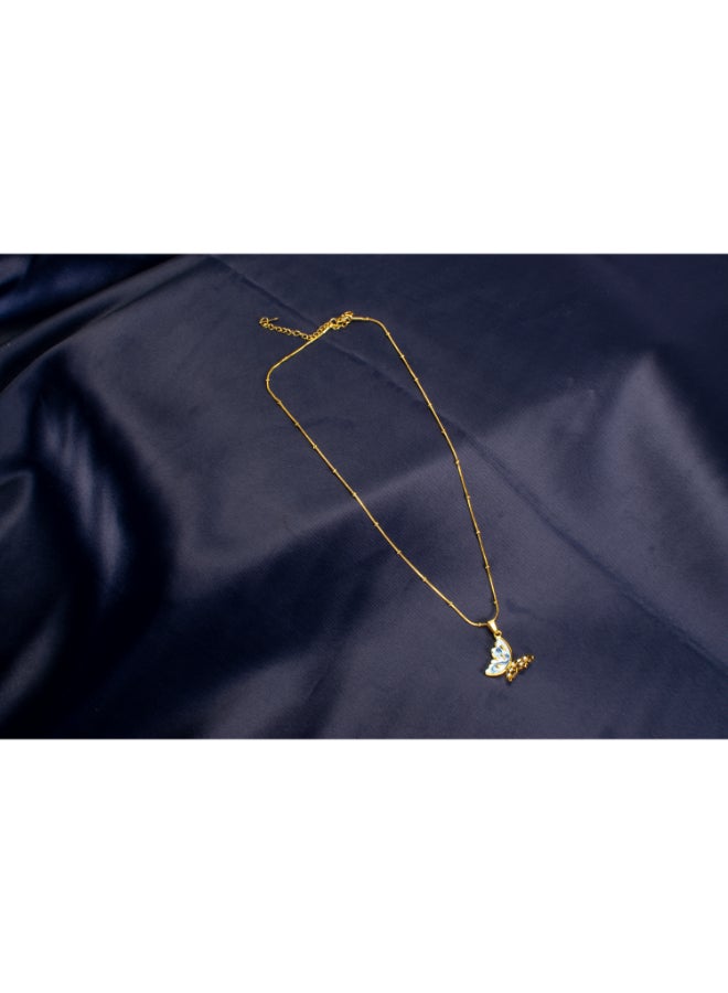 Golden Blue Zirconic Stainless Steel Butterfly Pendant Necklace
