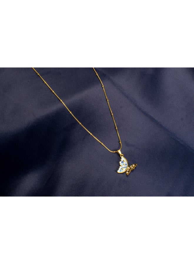 Golden Blue Zirconic Stainless Steel Butterfly Pendant Necklace