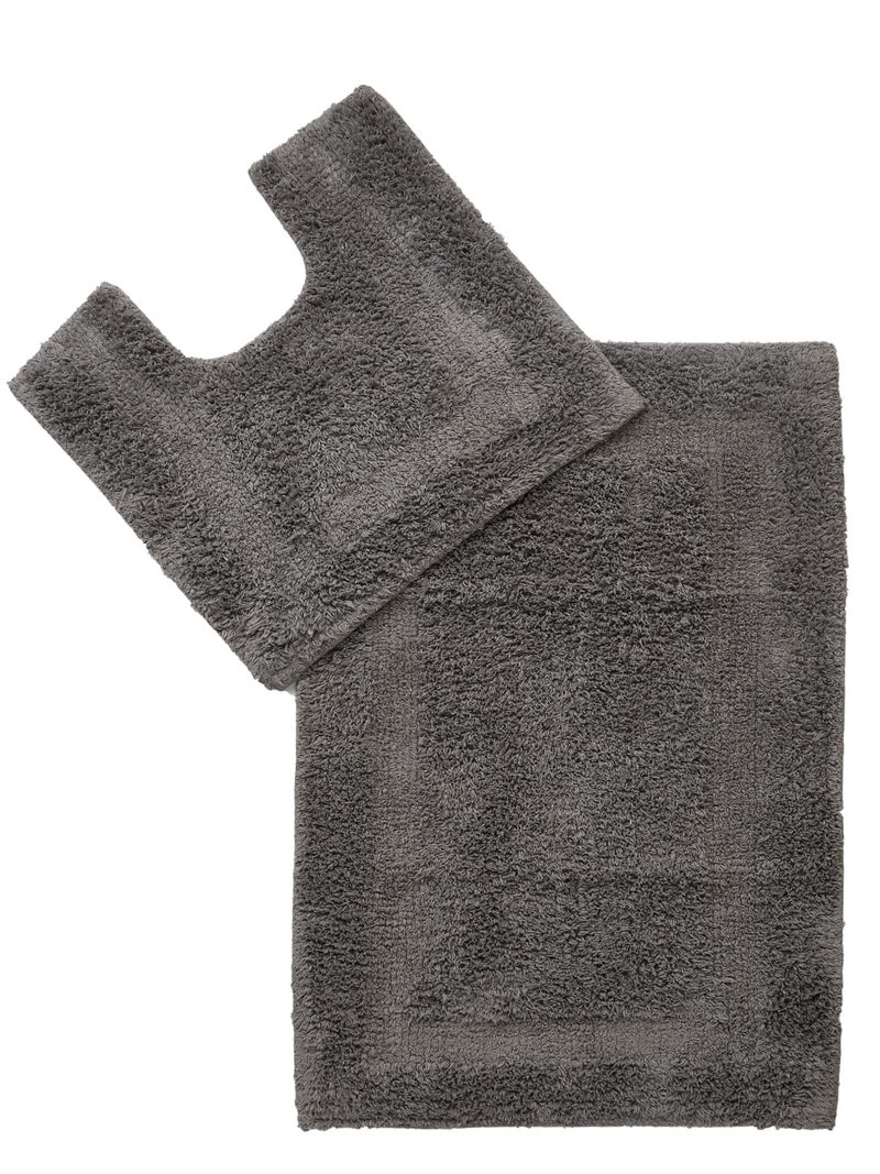 SASHAA WORLD Solid Anti-Skid Cotton Bathmat and Contour Set for Bathroom, Ultra Soft & Absorbent, Tufted Weave, Anti-Slip Latex Backing, Includes Contour & Rectangle Mat, 50X80cm, Charcoal,Pack of 2 - Image 1