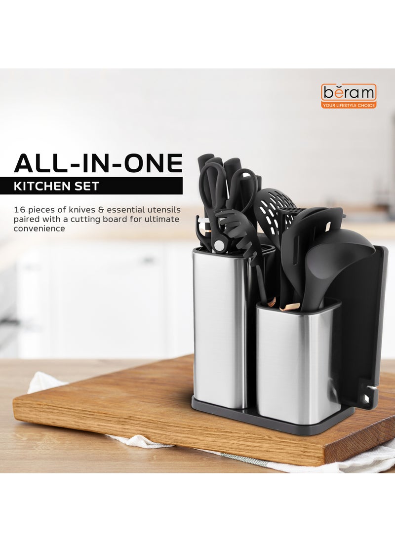 HausRoland - Haus Roland 16 Pieces Knife and Kitchen Utensils Set, Stainless Steel Blocksets with Utensil Holder, In Built Spoon Rest, Kitchenware Organizer, Knife Holder, Scissors and Cutting Board, Camping Set - Image 1