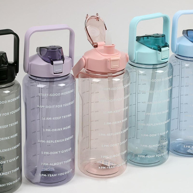Heylark 2L Capacity Belt Straw Transparent Motivational Water Bottle for Office School College Gym Time Marker Leak Proof BreakProof comes with Silicon Brush BPAFree Sports Bottle Multicolor - Image 1