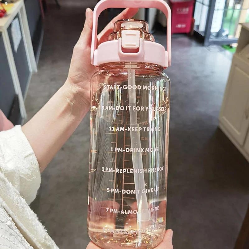 Heylark 2L Capacity Belt Straw Transparent Motivational Water Bottle for Office School College Gym Time Marker Leak Proof BreakProof comes with Silicon Brush BPAFree Sports Bottle Multicolor - Image 4