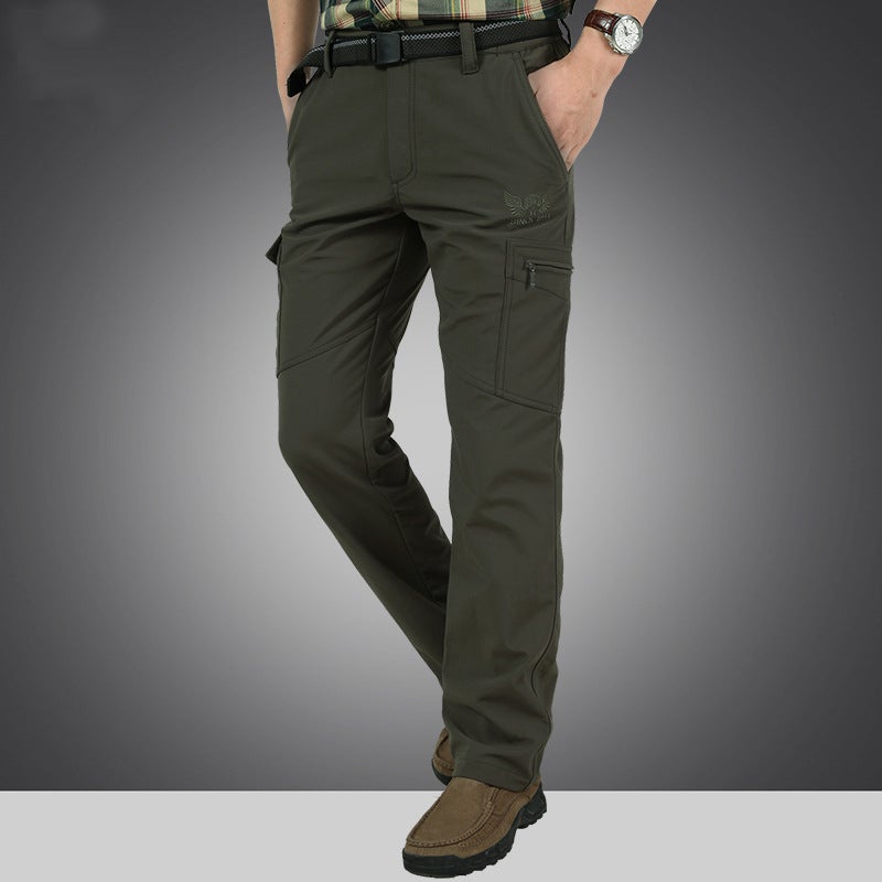 Generic Winter mens outdoor assault sports pants mountaineering soft shell multi-pocket quick-drying pants loose velvet padded waterproof Army Green