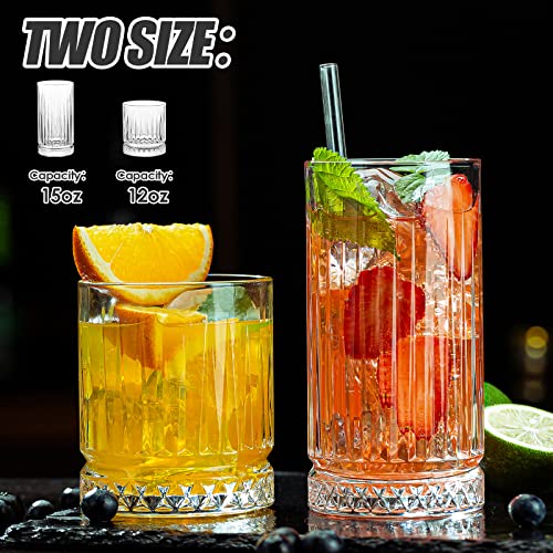 wookgreat Crystal Drinking Glasses, Set of 8 Durable Glass Cups-4 Highball Glasses 15oz & 4 Rocks Glasses 12oz, Mojito Cups, Cocktail Glass, Bar Glassware Set for Cocktail, Beer, Whiskey - Image 2