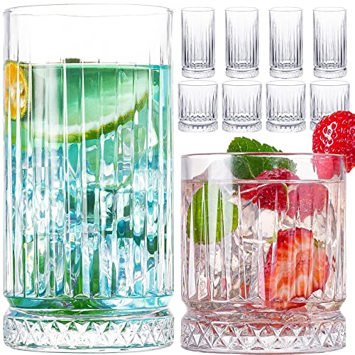 wookgreat Crystal Drinking Glasses, Set of 8 Durable Glass Cups-4 Highball Glasses 15oz & 4 Rocks Glasses 12oz, Mojito Cups, Cocktail Glass, Bar Glassware Set for Cocktail, Beer, Whiskey - Image 1