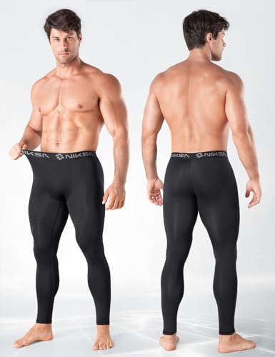 Niksa Men's Compression Pants, Athletic Workout Tights Performance Leggings Baselayer for Running Football Yoga Sports Black - Image 2