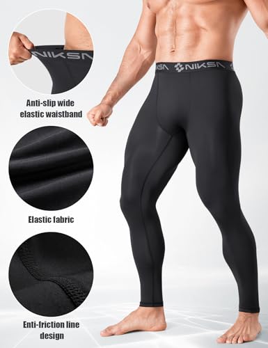 Niksa Men's Compression Pants, Athletic Workout Tights Performance Leggings Baselayer for Running Football Yoga Sports Black - Image 3