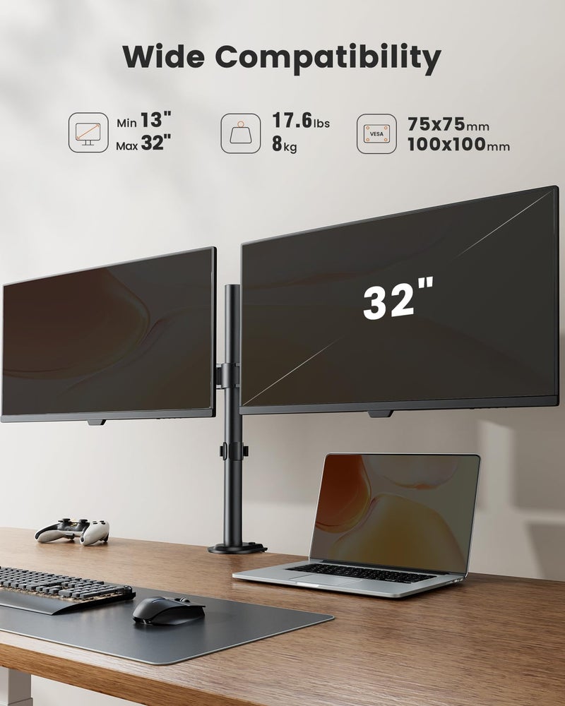 ErGear Dual Monitor Stand, Heavy Duty Adjustable Monitor Desk Mount for 2 Screens up to 32 Inches, Fully Adjustable Height, Tilt, Swivel, Rotate, Supports 17.6 lbs per Monitor Arm, Easy Installation - Image 3