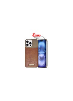 iPhone 16 Pro Max 3 Pack Case Leather Metal Design, Slim Lightweight Minimalist Cover,1 Case 2 Screen Protectors