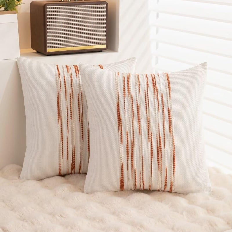 WANLIRD Boho Throw Pillow Covers 18x18 Set of 2 Christmas Decorative Cushion Case Striped Square Pillows Cover Chenille Pillow Cases Accent Neutral Pillowcase for Sofa Couch Bed White Wine-red - Image 4
