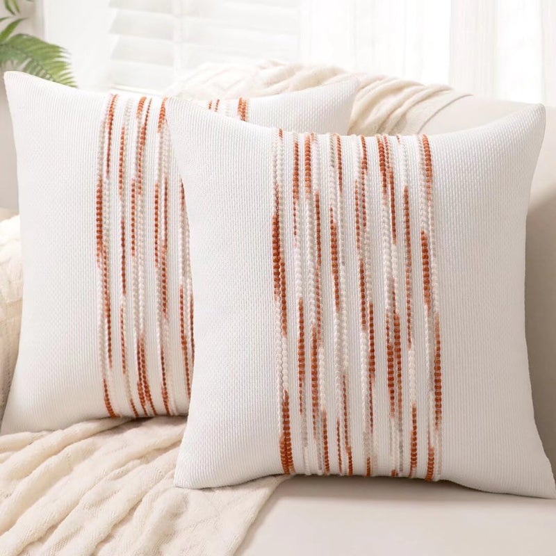 WANLIRD Boho Throw Pillow Covers 18x18 Set of 2 Christmas Decorative Cushion Case Striped Square Pillows Cover Chenille Pillow Cases Accent Neutral Pillowcase for Sofa Couch Bed White Wine-red - Image 1