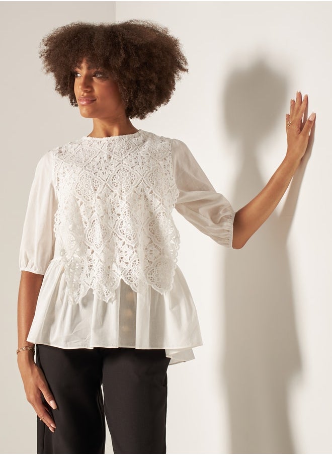 2Xtremz - 2Xtremz Lace Detail Peplum Top with Puff Sleeves - Image 1