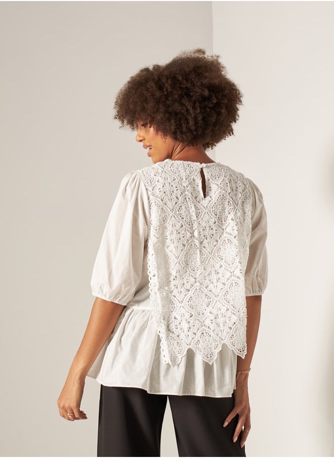 2Xtremz - 2Xtremz Lace Detail Peplum Top with Puff Sleeves - Image 1
