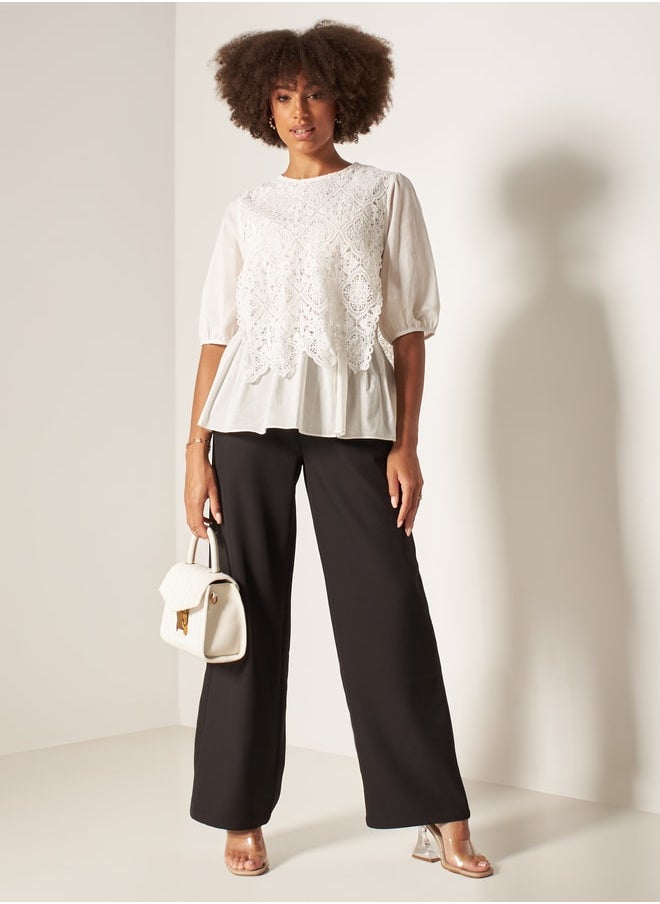 2Xtremz - 2Xtremz Lace Detail Peplum Top with Puff Sleeves - Image 1