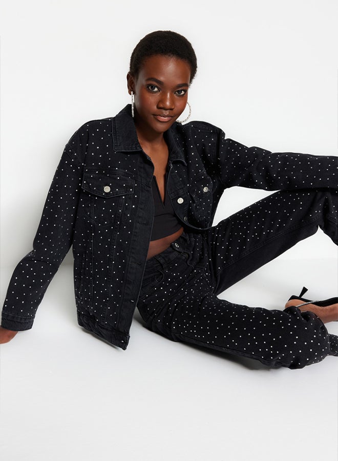 trendyol Black Stone Oversize Denim Jacket - Image 3