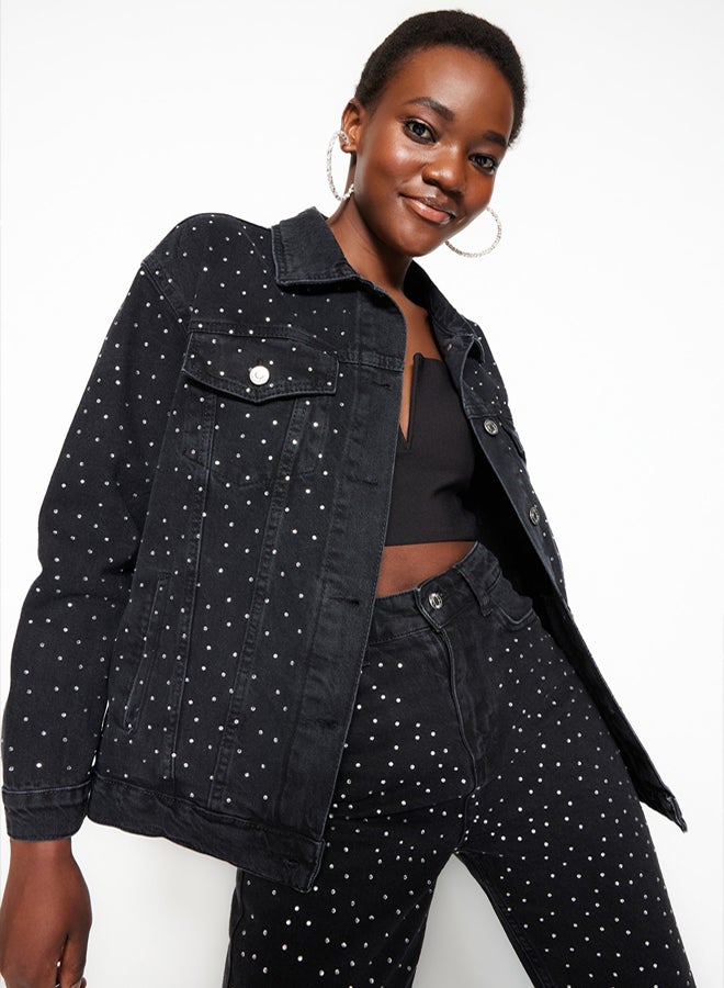 trendyol Black Stone Oversize Denim Jacket - Image 2