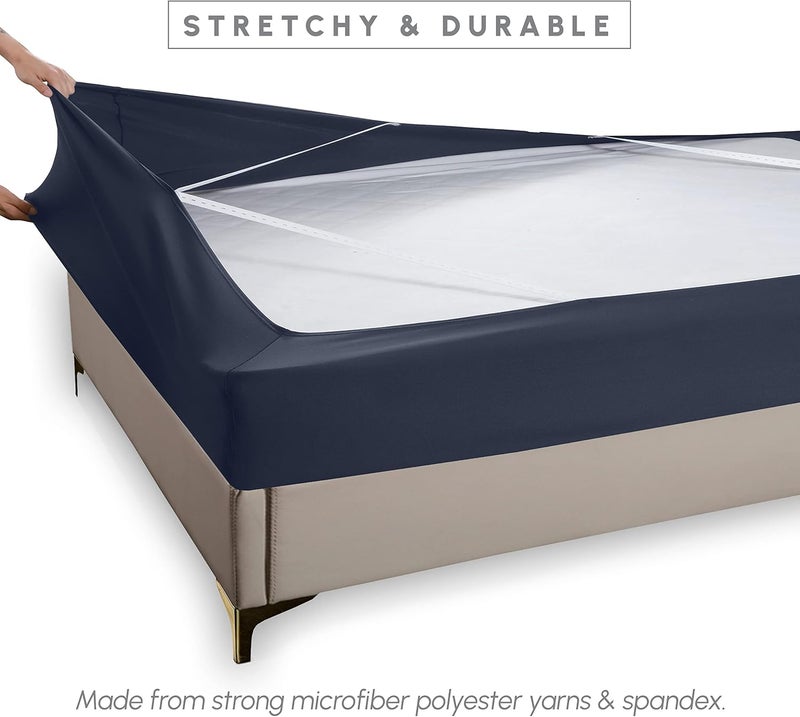 Box Spring Cover - Stretchy and Snug Fit Wrap Around 4 Sides Bed Skirt - Jersey Knit, Sleek Alternative for Bed Skirt, Soft and Smooth Fits Box Springs up to 12", Queen Navy Blue - Image 3