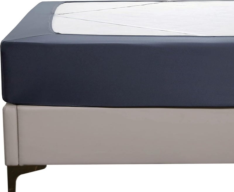 Box Spring Cover - Stretchy and Snug Fit Wrap Around 4 Sides Bed Skirt - Jersey Knit, Sleek Alternative for Bed Skirt, Soft and Smooth Fits Box Springs up to 12", Queen Navy Blue - Image 1