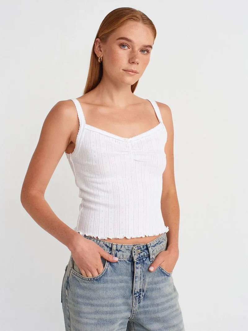 Dilvin Dilvin Cotton Ribbed Square-Neck Cami Blouse