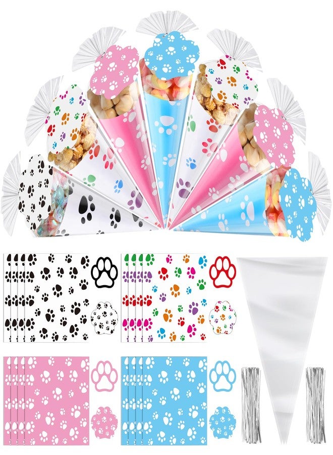 Blosssound 60 Set Paw Cone Cellophane Bags with Gift Tags Clear Triangle Shaped Party Favor Streat Bags Snack Popcorn Candy Gifts Packaging for Birthday Festival Holiday Summer Party Supplies - Image 1