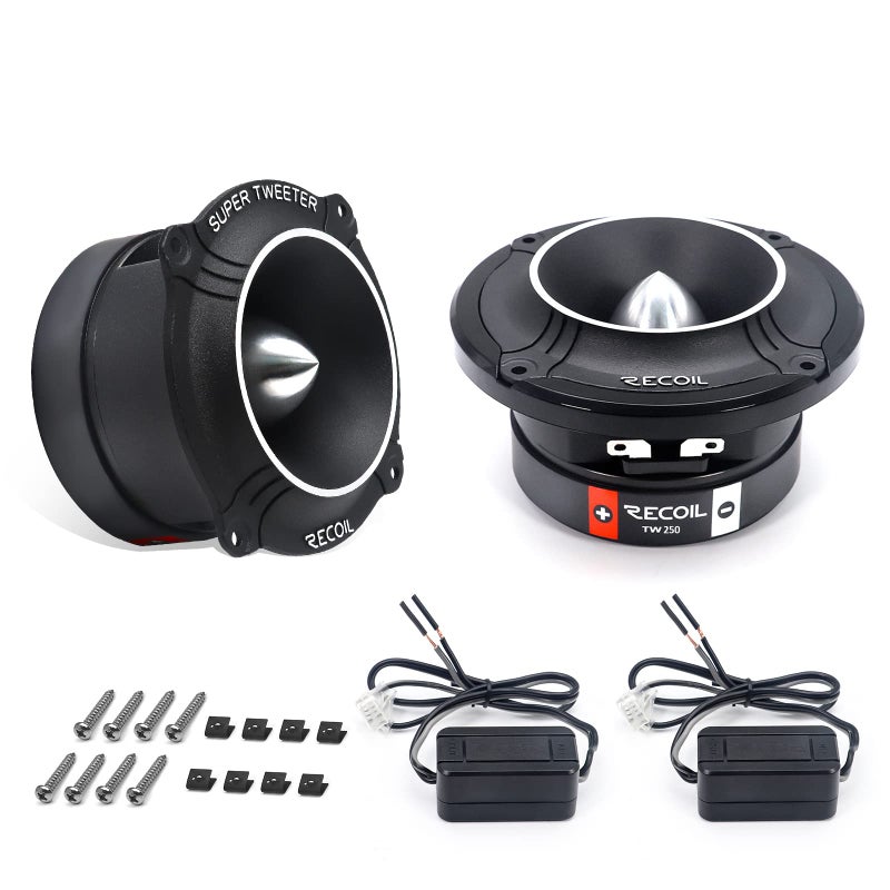 RECOIL TW250 High Compression Car Bullet Super Tweeters, 1-Inch High Temperature Kapton Voice Coil, Aluminum Frame and Diaphragm, 400 Watts Max Pair 4 Ohms - Image 1