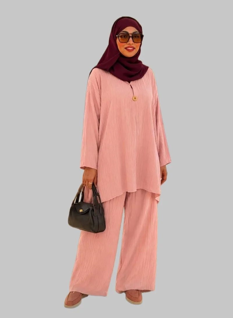 Bond Pink Cotton Crush Long Top & Elastic Waist Pants Co-Ord Set