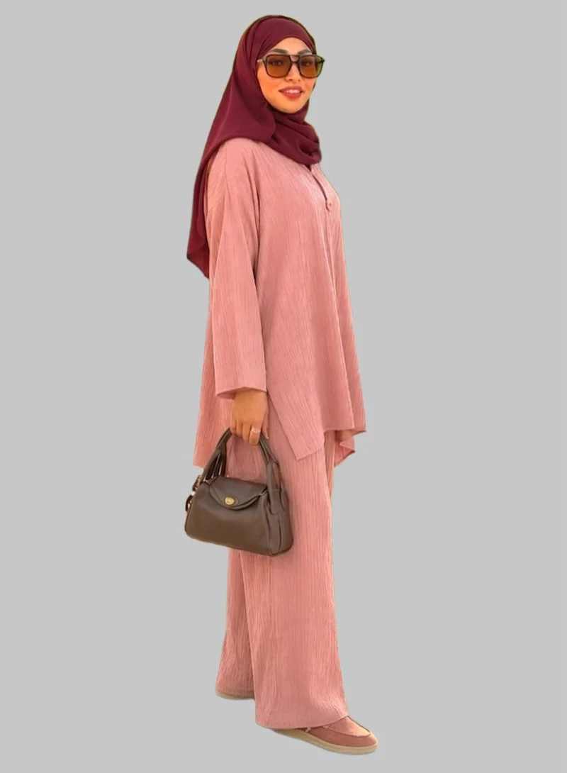 Bond Pink Cotton Crush Long Top & Elastic Waist Pants Co-Ord Set