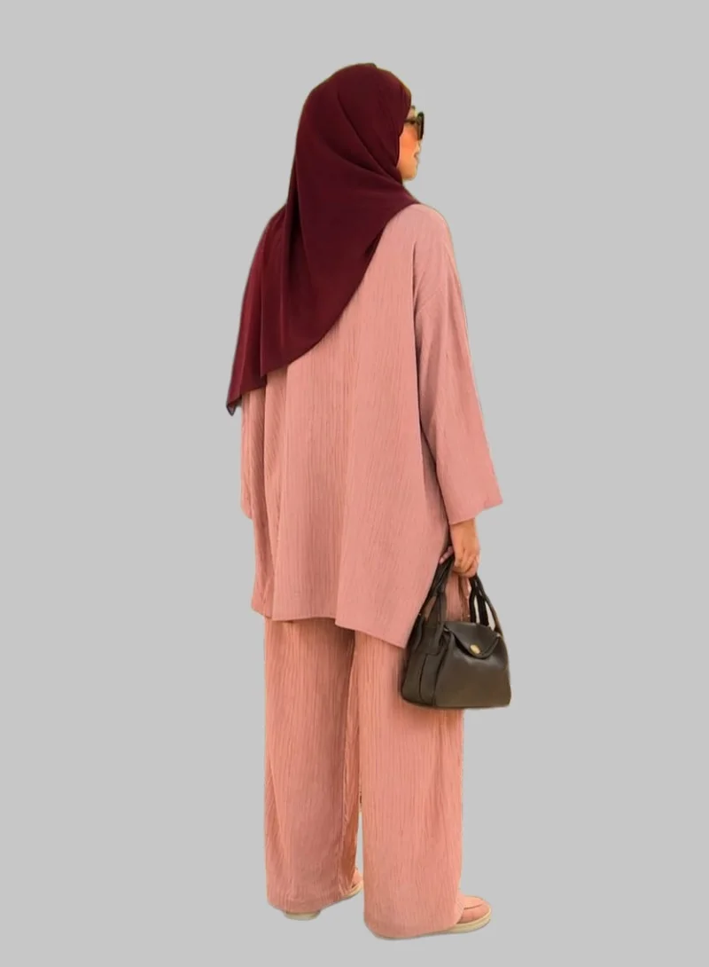 Bond Pink Pink Cotton Crush Long Top & Elastic Waist Pants Co-Ord Set for Women | Best Price UAE