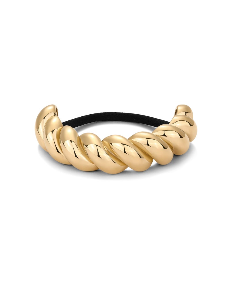 PAVOI 14K Yellow Gold Plated Waterproof Chunky Croissant Metal Hair Cuff for Women - Stainless Steel Statement Ponytail Cuff - Twisted Stretchy Gold Hair Ties for Ponytails Fashion Accessories - Image 3