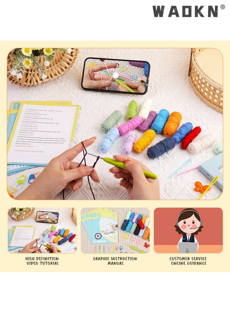 دبليو أيه أو كي أن DIY كوستر كروشيك كيت للمبتدئين، 17 ألوان خيوط كل في واحد كروشيك البداية مجموعة مع خطوة بخطوة فيديو دروس، كامل الحياكة الحرفية كيت للبالغين والأطفال، تخفيف الإجهاد، مقاومة للحرارة كوستر الانتهاء، مثالية عيد ميلاد هدية (كوستر) - Image 3
