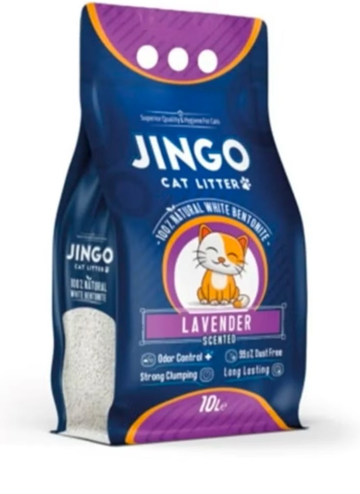 JINGO Sand dedicated to cat waste 10 liters 8 kilos of absorption and high-performance agglomeration with lavender scent 