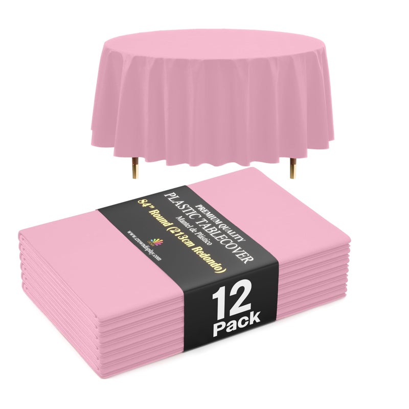 Exquisite 66% Thicker Premium Pink Round Tablecloth 0.5 Mil 12 Pack Plastic Table Cloth Disposable 84 Inch Round Plastic Tablecloth Won't Tear Easily Like Cheap Thin Brands - Image 1