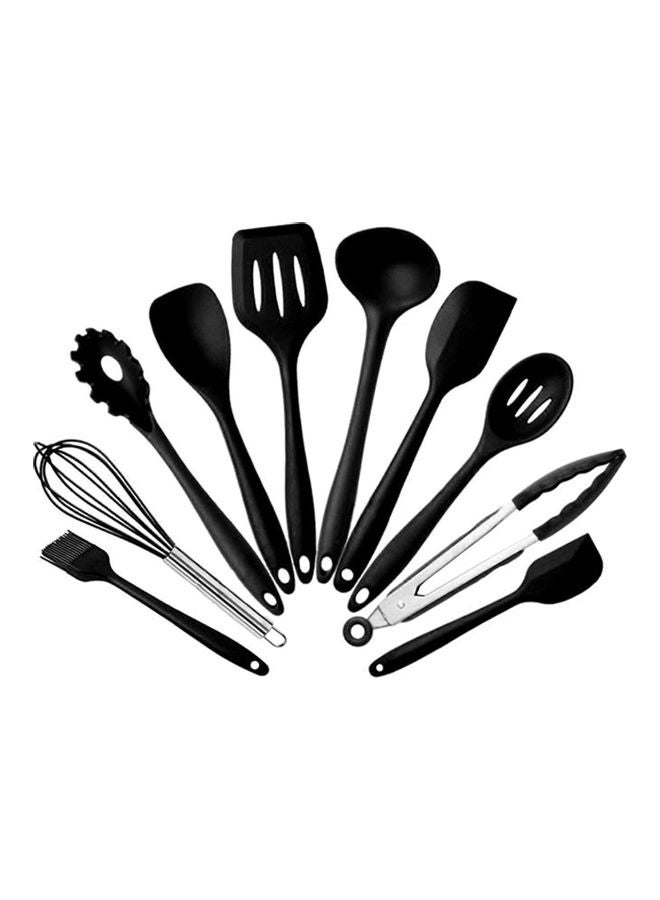 طقم أدوات مطبخ غير لاصقة من السيليكون مكون من 10 قطع أسود 31.50*7.50*10.00سم - Image 1
