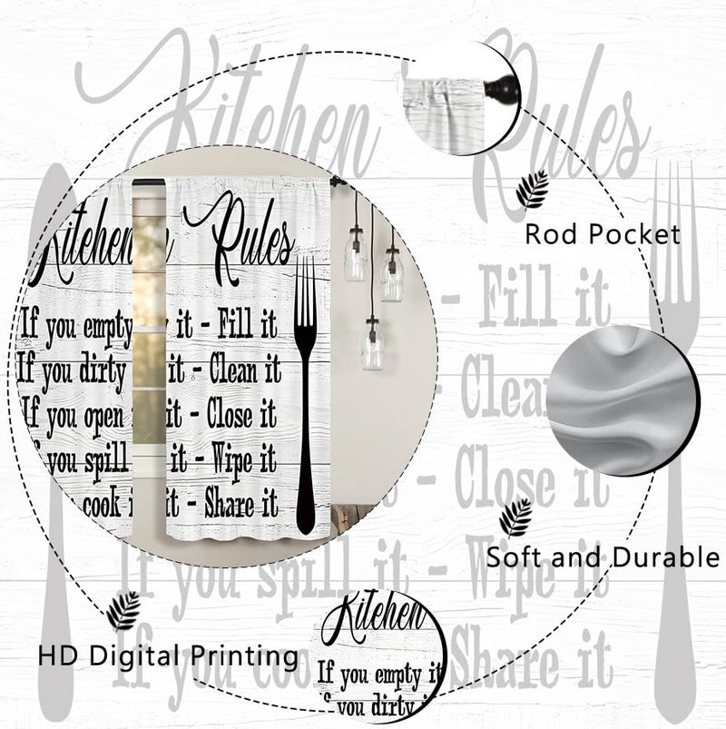 Famiffty Kitchen Rules Curtains 27.5W X 39L Inch 2 Panels Rod Pocket Rustic Farmhouse Funny Vintage Modern Small Short Cafe Curtains Wood Inspirational Window Drapes Treatment Bathroom Home Decor - Image 4